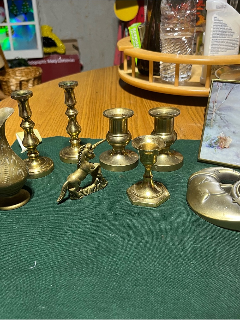 Gold Tone Brass Candle Holders with Unicorn Accent - Decorative Set